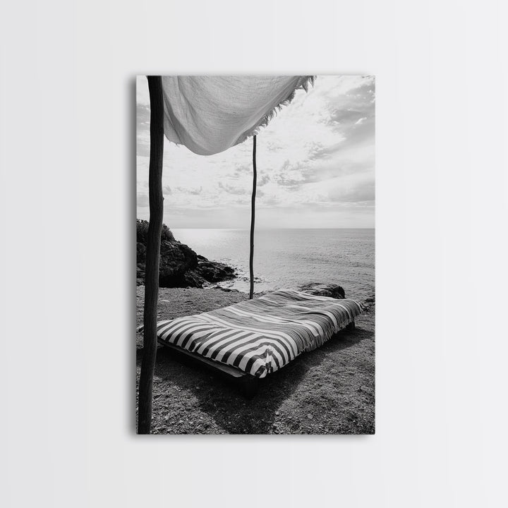 Seaside Nap, Minimal Daybed, Coastal Shade, Serene Moment, Canvas Print, Beach Bedroom Decor, Boho Seaside Art, Coastal Wall Style
