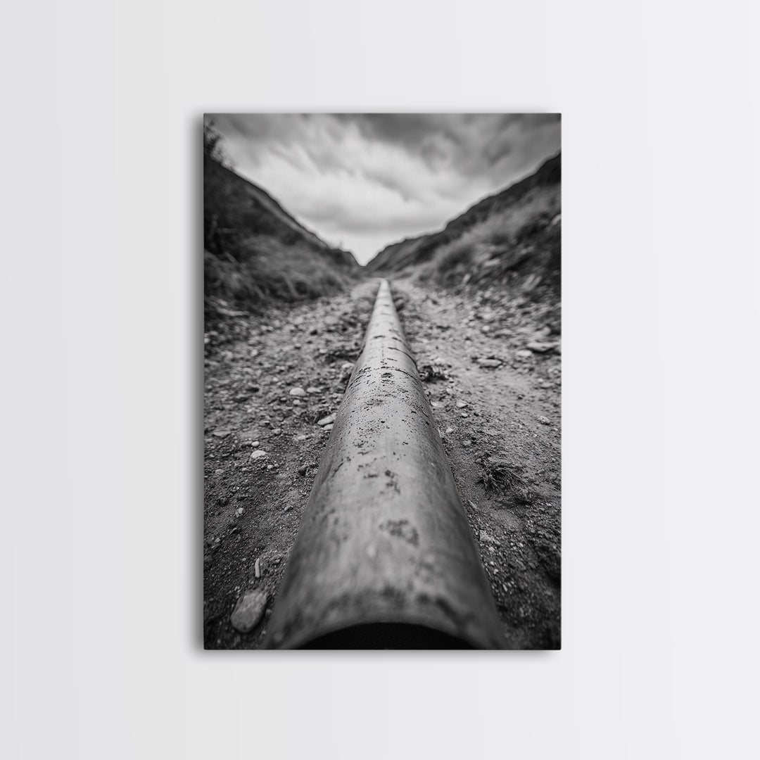 Industrial Line, Utility Pipe, Grunge Road, Canvas Print, Black White Photography, Modern Loft Decor, Urban Wall Art, Minimalist Style