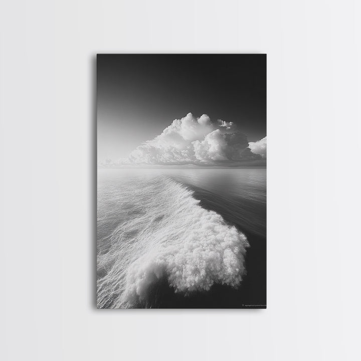 Ocean Wake, Cloud Horizon, Surreal Seascape, Framed Canvas Print, Dreamy Black White Wall Art, Bathroom Decor, Coastal Fantasy Art