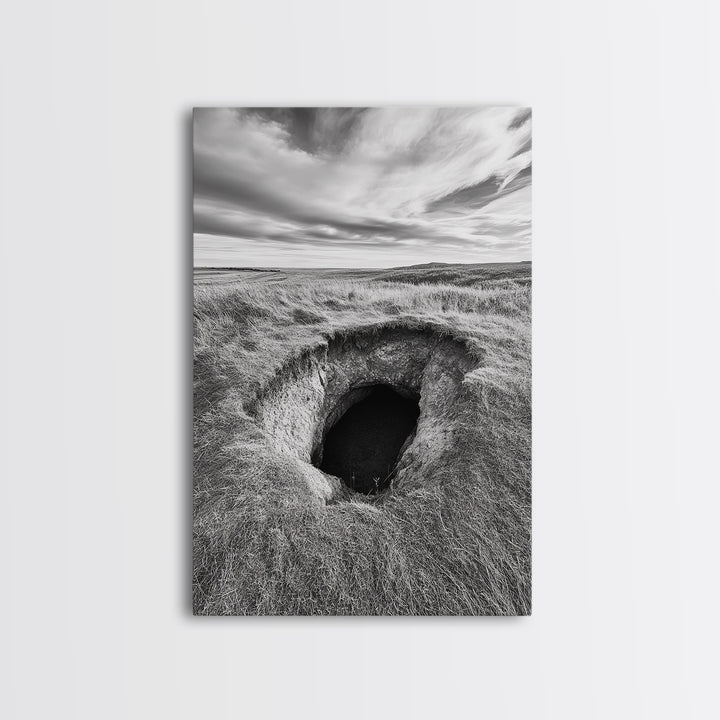 Burrow Entrance, Hidden Hole, Grassland Tunnel, Canvas Print, Nature Wall Art, Living Room Decor, Black White Landscape Photography