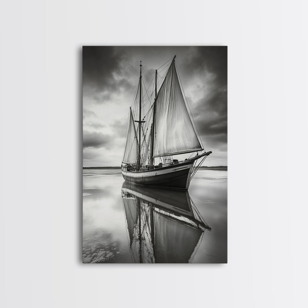 Sailboat Reflections, Calm Waters, Stormy Sky, Canvas Print, Nautical Wall Art, Office or Den Decor, Classic Maritime Photography