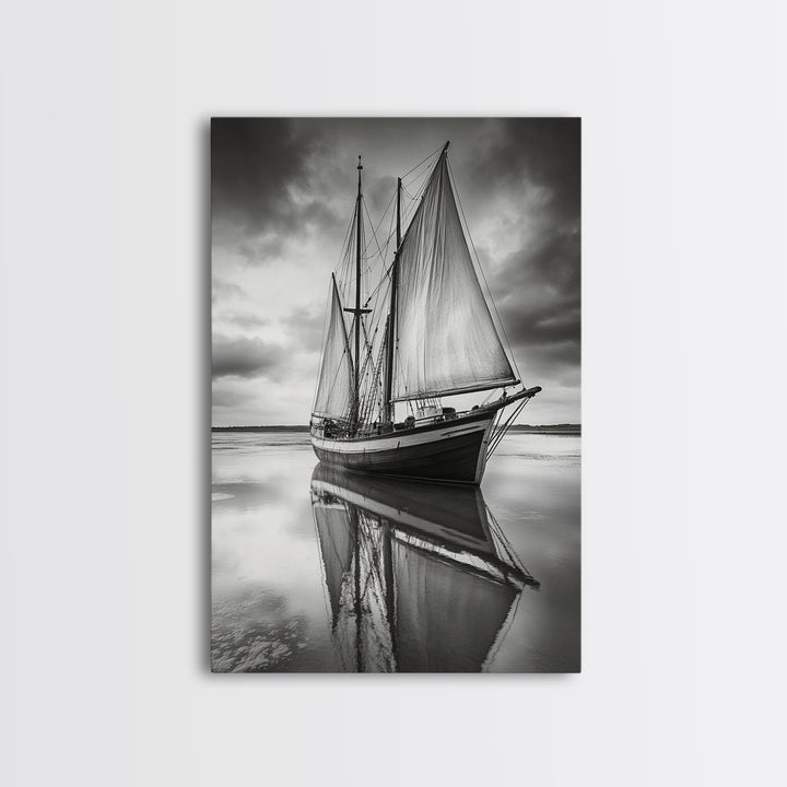 Sailboat Reflections, Calm Waters, Stormy Sky, Canvas Print, Nautical Wall Art, Office or Den Decor, Classic Maritime Photography