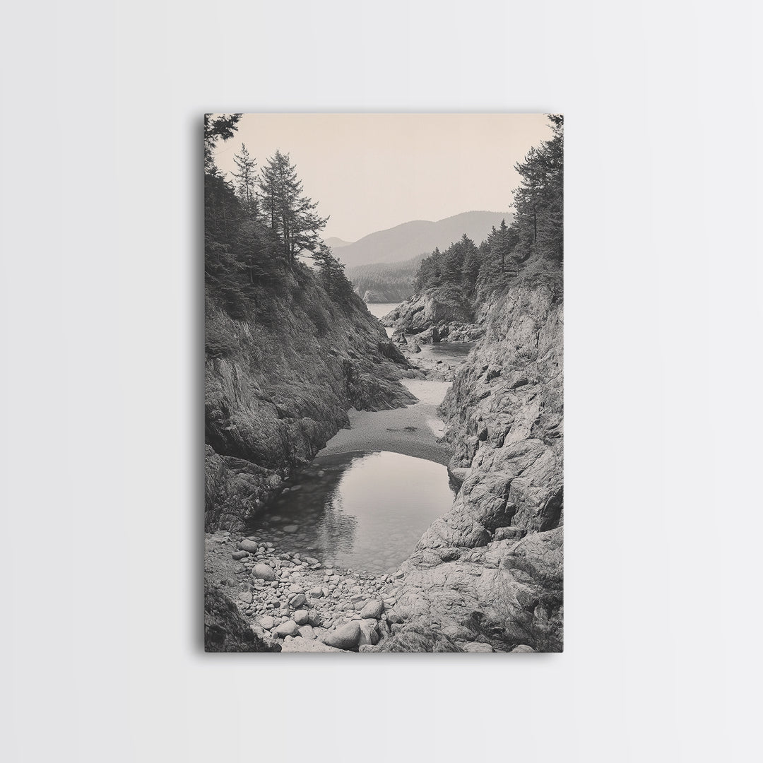 Forest Coast, Rocky Shore, Ocean View, Framed Canvas Print, Serene Nature Wall Art, Bathroom or Hallway Decor, Pacific Northwest Style