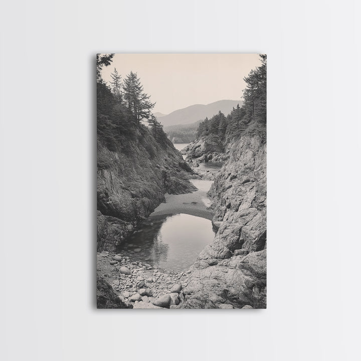 Forest Coast, Rocky Shore, Ocean View, Framed Canvas Print, Serene Nature Wall Art, Bathroom or Hallway Decor, Pacific Northwest Style