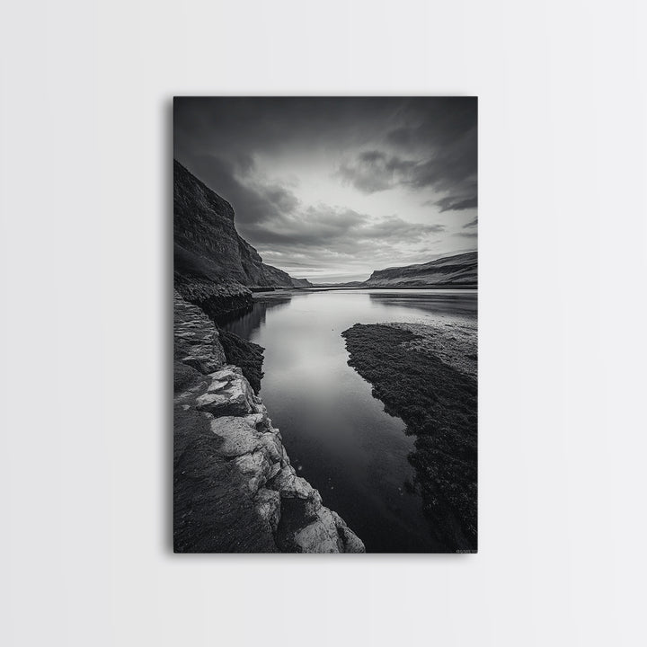 River Gorge, Twilight Reflections, Cliffside Calm, Canvas Print, Moody Black White Wall Art, Bedroom or Office Decor, Dramatic Landscape