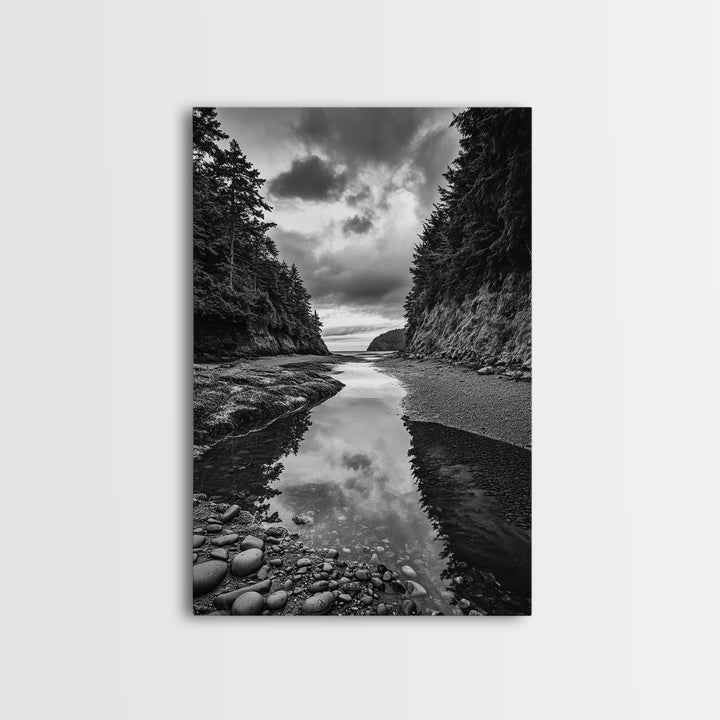 Tide Pool, Forest Reflection, Coastal Calm, Framed Canvas Print, Black White Nature Art, Bathroom or Bedroom Decor, Tranquil Scene