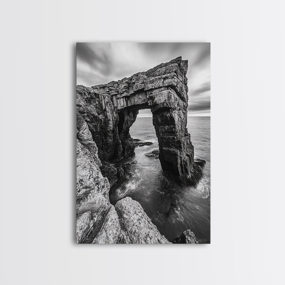Sea Arch, Coastal Rock, Ocean Cliffside, Canvas Print, Dramatic Nature Wall Art, Living Room or Office Decor, Black White Seascape