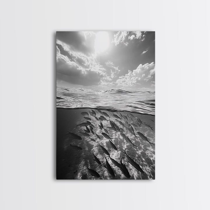 Underwater Scene, School of Fish, Ocean Photography, Split Shot Water, Framed Canvas Print, Bathroom Wall Art, Coastal Decor