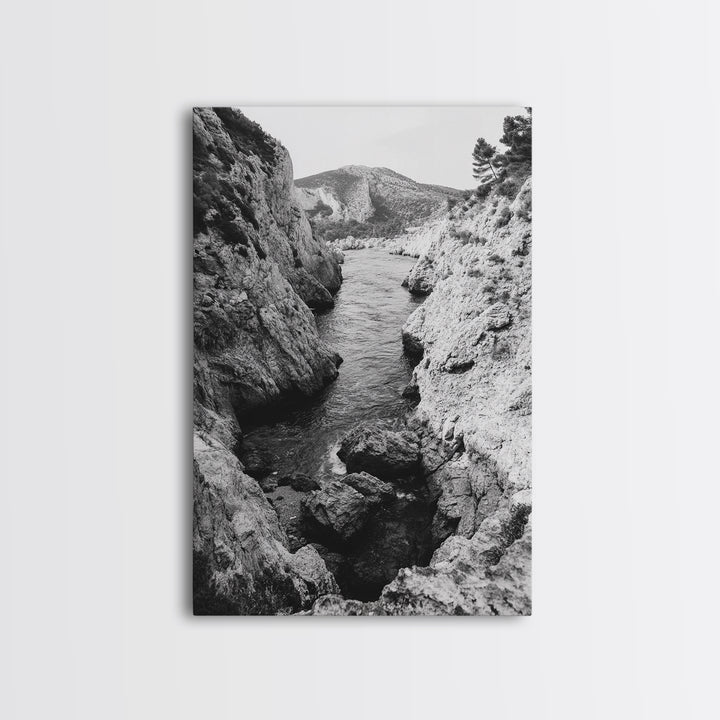 Mountain Gorge, Rugged Canyon, Flowing Stream, Wilderness Explorer, Framed Canvas Print, Cabin Wall Art, Adventurous Rustic Style