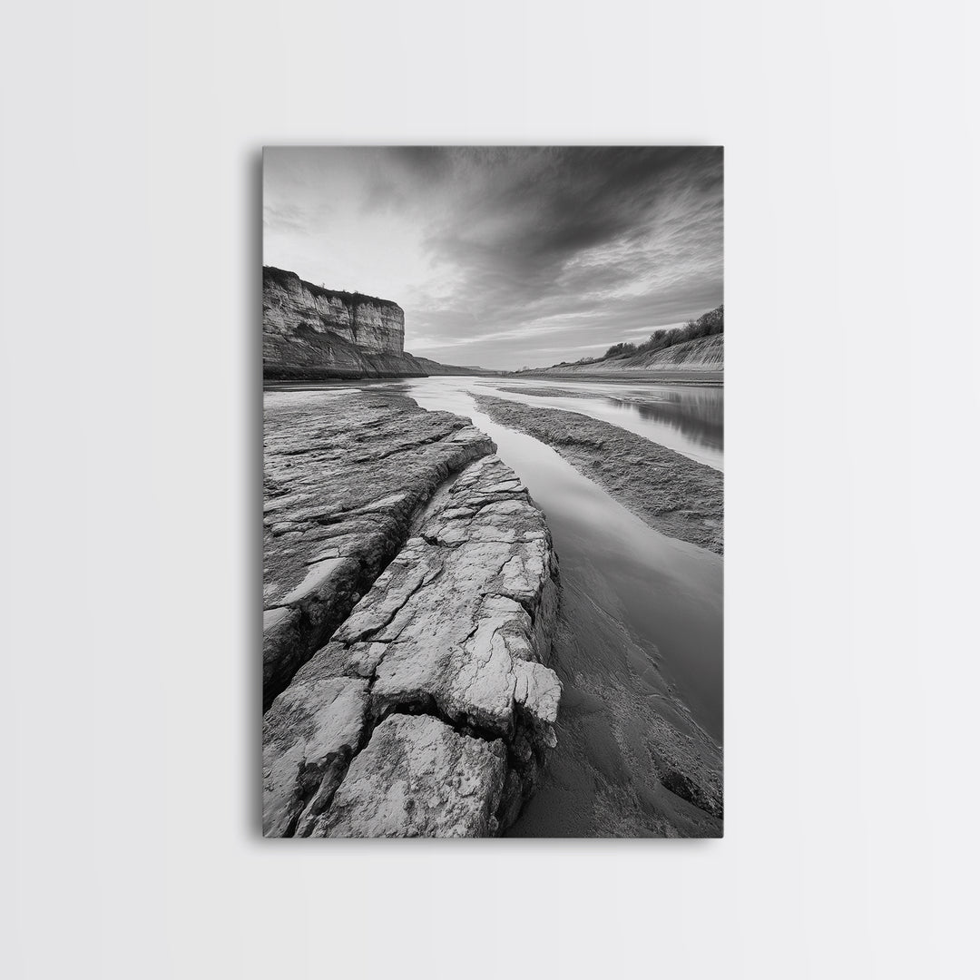 Eroded Riverbed, Desert Rock, Serene Canyon, Long Exposure, Framed Canvas Print, Earth Tones, Dining Room Decor, Nature Inspired