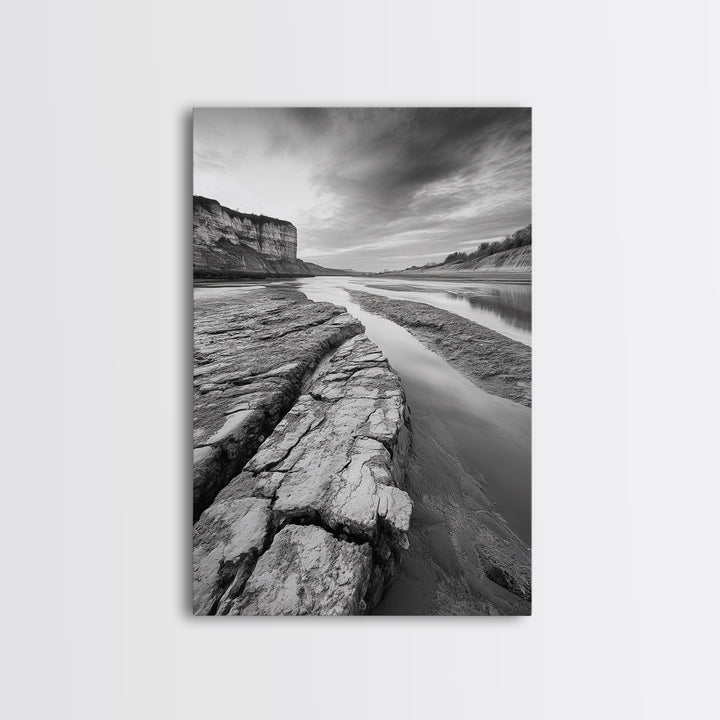 Eroded Riverbed, Desert Rock, Serene Canyon, Long Exposure, Framed Canvas Print, Earth Tones, Dining Room Decor, Nature Inspired