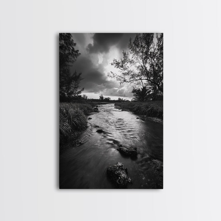 River Flow, Storm Clouds, Nature Trees, Monochrome Scene, Framed Canvas Print, Bathroom Wall Art, Moody Landscape, Rustic Home Decor