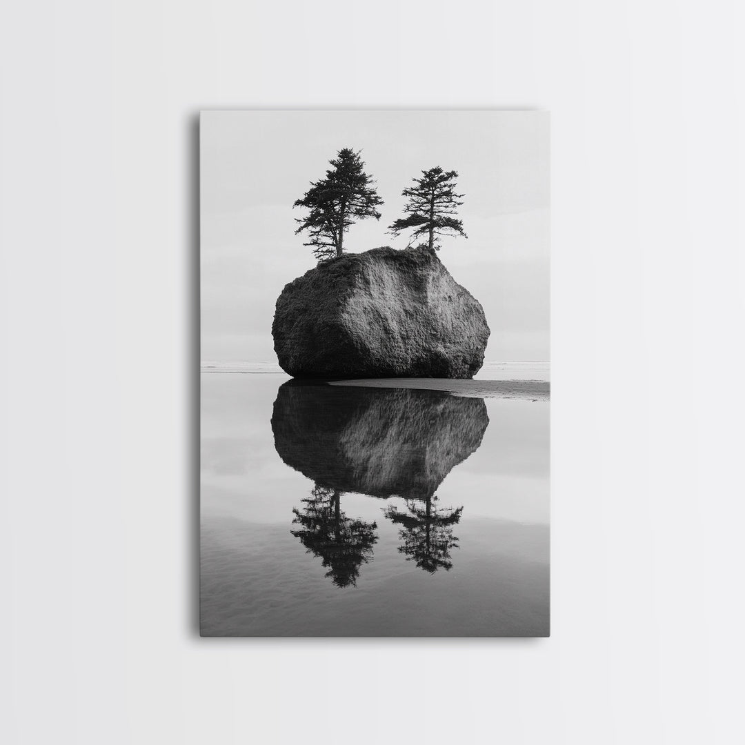 Island Reflection, Twin Trees, Still Water, Minimal Seascape, Framed Canvas Print, Bedroom Wall Art, Zen Decor, Black and White Art