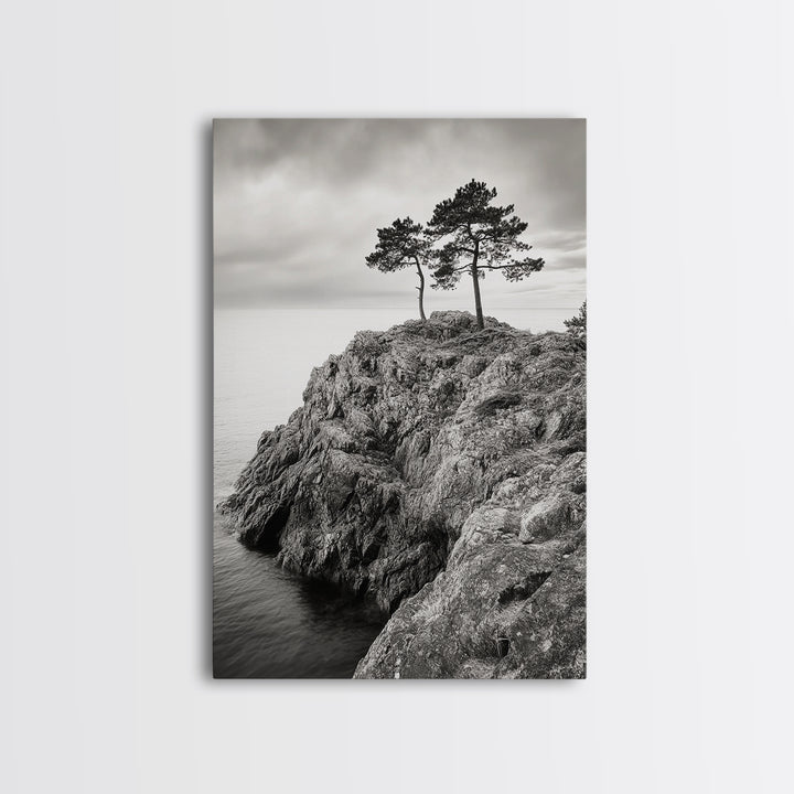 Rocky Coast, Lone Trees, Ocean View, Monochrome Calm, Framed Canvas Print, Bathroom Wall Art, Coastal Style, Minimalist Mountain Art
