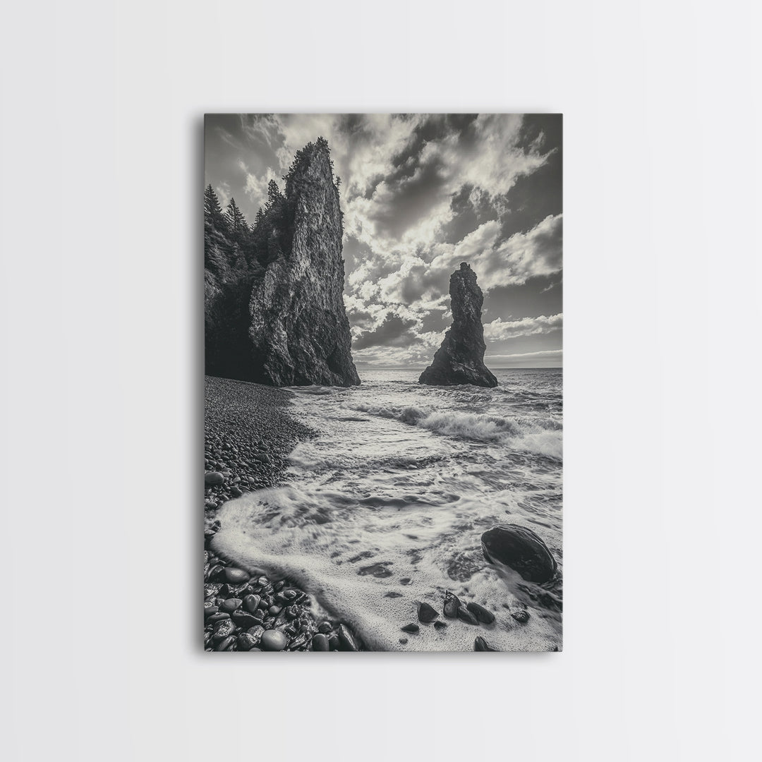 Sea Spires, Ocean Foam, Pebble Shore, Wild Coast, Framed Canvas Print, Living Room Wall Art, Dramatic Landscape, Coastal Home Decor