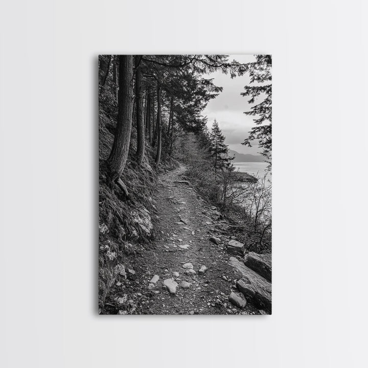 Forest Pathway Trail, Wilderness Escape, Rustic Nature, Black and White Framed Canvas Print, Cozy Cabin or Entryway Wall Art