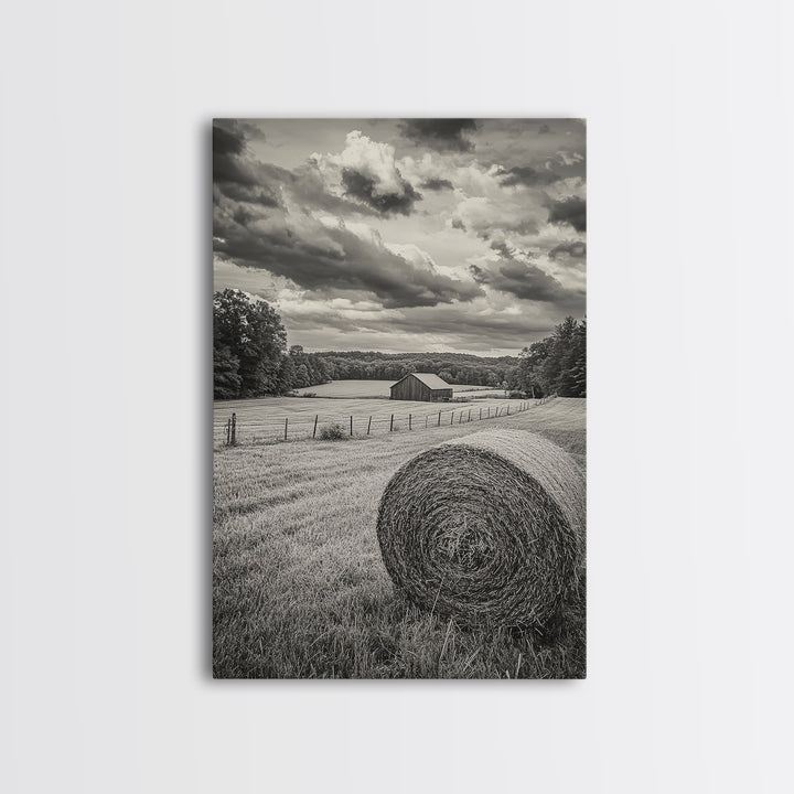 Autumn Hay Bale, Farm Field Scene, Country Landscape, Black and White Canvas Print, Rustic Kitchen or Fall Living Room Wall Art