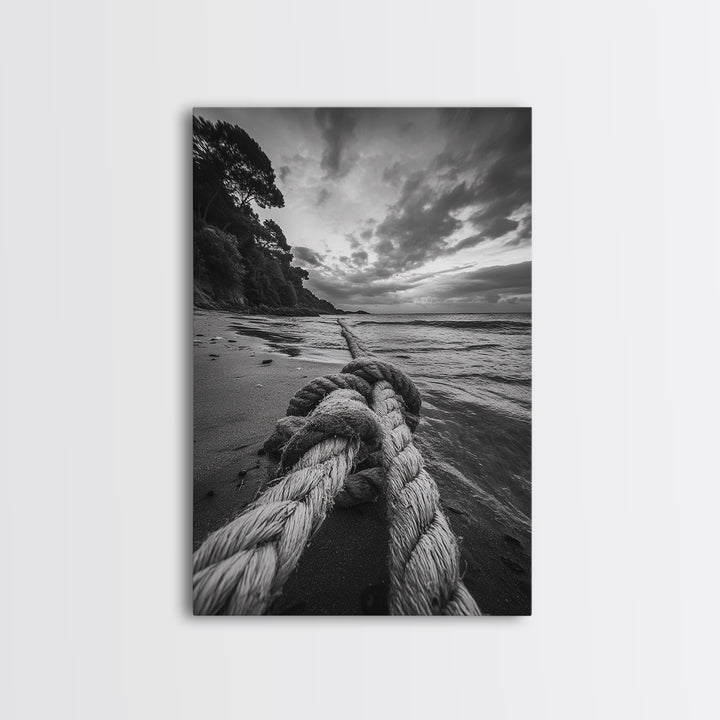 Beach Rope Knot, Coastal Connection, Ocean Shoreline, Nautical Canvas Print, Black and White Bathroom or Seaside Wall Decor