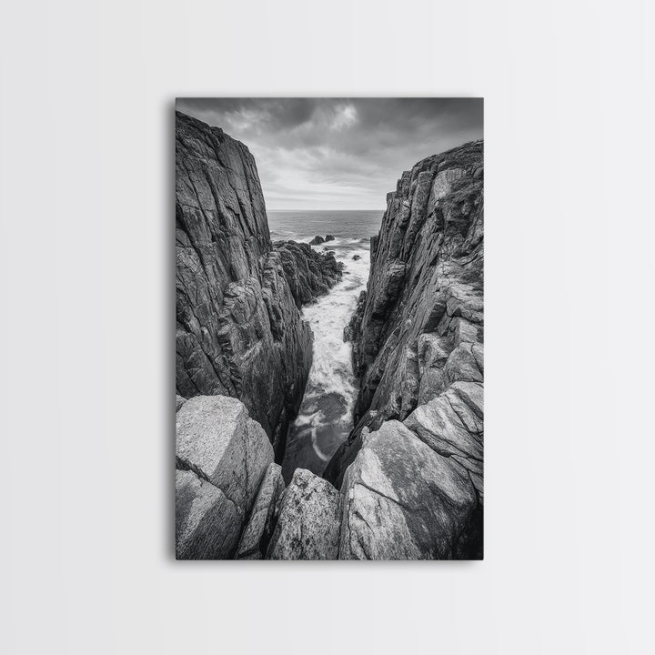 Ocean Cliff Pass, Rugged Coastal Rocks, Nature Power, Monochrome Framed Canvas Print, Moody Bathroom or Masculine Office Art