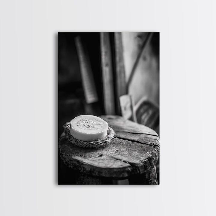Artisan Soap Still Life, Rustic Wellness Scene, Country Bathroom, Monochrome Framed Canvas Print, Farmhouse Bathroom Wall Art