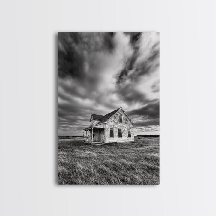 Abandoned House, Windy Prairie, Haunted Landscape, Framed Canvas Print, Fall Wall Art, Rural Home Decor, Moody Halloween Style