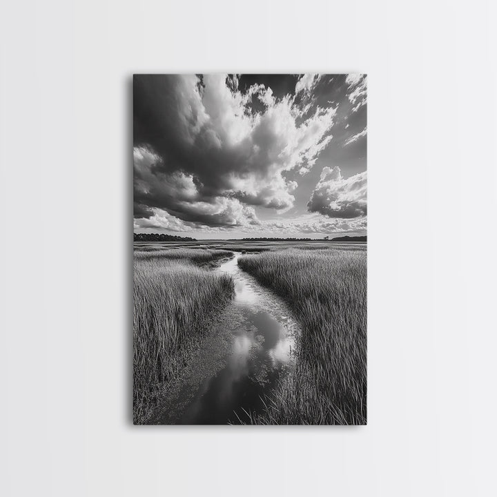 Marshland Stream, Dramatic Clouds, Nature Reflection, Canvas Print, Minimalist Landscape, Bathroom Art, Earthy Tones, Zen Mood