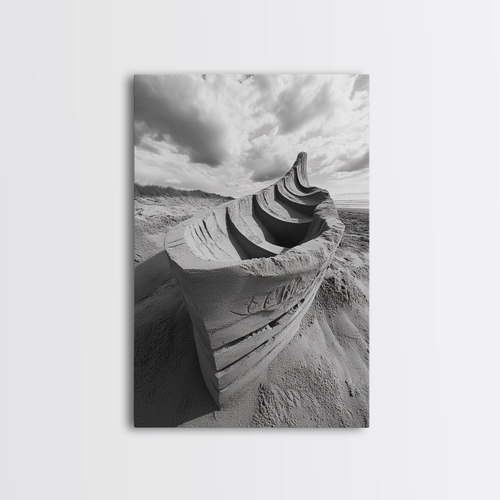 Sand Boat, Beach Sculpture, Dramatic Clouds, Textured Art, Framed Canvas Print, nautical wall art, coastal boho decor, modern beach print