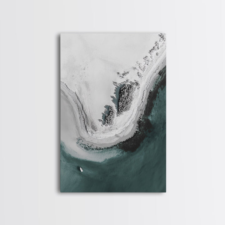 Aerial Beach, Turquoise Sea, Minimal Shoreline, Boat View, Canvas Print, coastal minimalist art, bathroom wall art, modern ocean photo