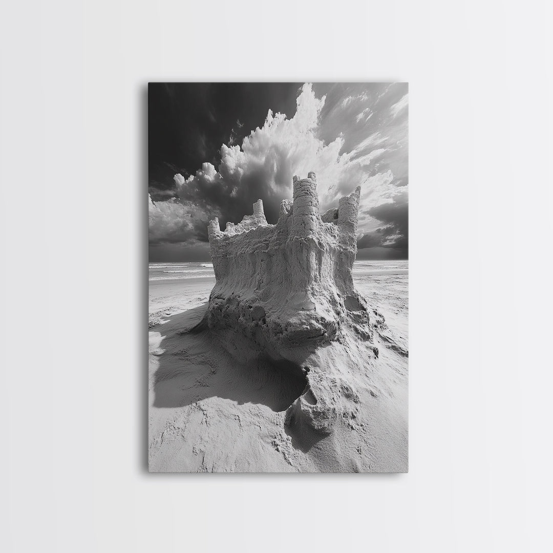 Sand Castle, Beach Fantasy, Dramatic Sky, Coastal Fortress, Framed Canvas Print, whimsical decor, kids room wall art, fairytale beach scene