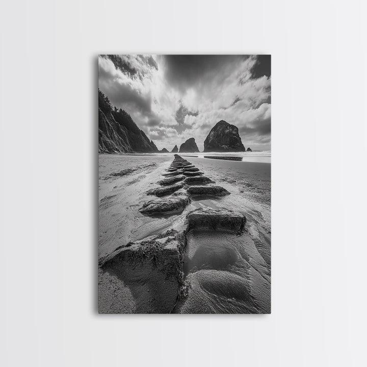 Ocean Rocks, Beach Landscape, Cloudy Sky, Rugged Coast, Canvas Print, coastal adventure wall art, living room decor, nature lover gift