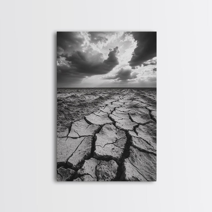 Cracked Earth, Drought Desert, Apocalyptic Sky, Dry Landscape, Canvas Print, minimalist wall decor, modern earth tones, office statement piece