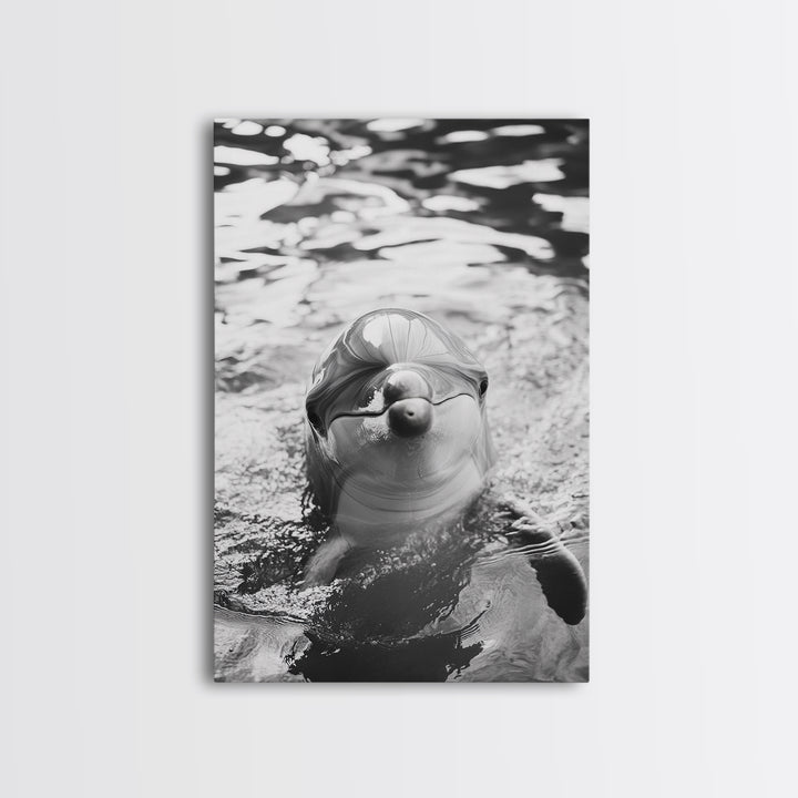 Dolphin Smile, Ocean Friend, Water Reflections, Gentle Waves, Framed Canvas Print, Kids Bathroom Art, Marine Life Decor, Playroom Artwork