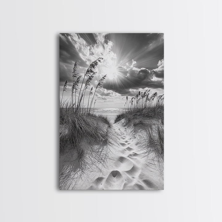 Beach Path, Seagrass Sunset, Radiant Sky, Coastal Light, Framed Canvas Print, coastal farmhouse decor, entryway art, sunshine beach scene