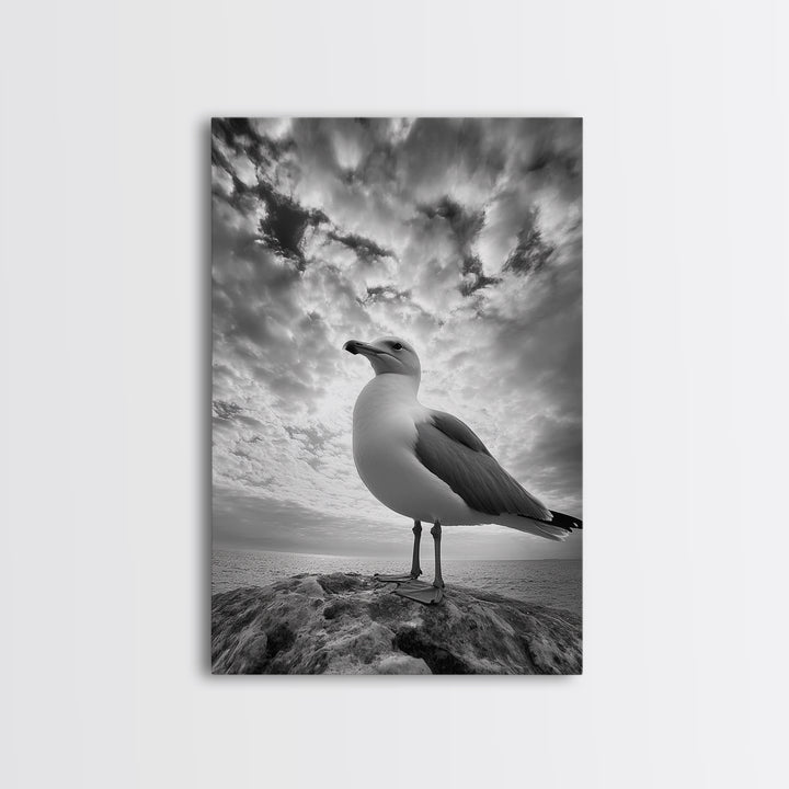 Coastal Seagull, Ocean Breeze, Serene Sky, Seaside Moment Framed Canvas Print, coastal decor, nautical bathroom wall art, nature photography