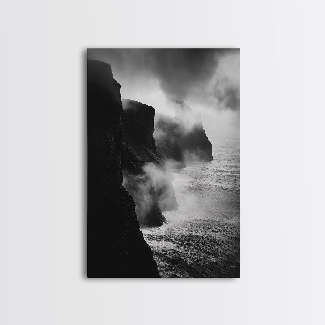 Stormy Cliffs, Ocean Fog, Monochrome Coast, Wild Nature Framed Canvas Print, moody wall art, rustic living room decor, dark aesthetic