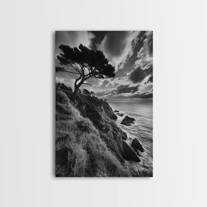 Coastal Pines, Rocky Shore, Windswept Tree, Wild Ocean Framed Canvas Print, rustic cabin art, black and white beach wall decor