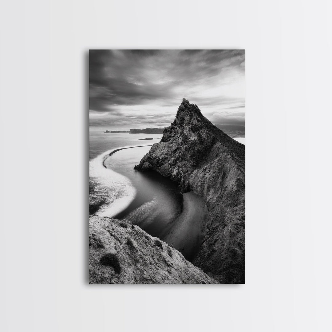 Mountain Peak, Coastal Horizon, Nature Majesty, Serene Edge Framed Canvas Print, modern landscape art, minimalist bedroom decor