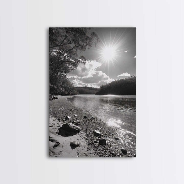Ocean Shoreline, Serene Landscape, Coastal Photography, Canvas Print, Modern Nature Decor, Living Room Wall Art, Black and White Art