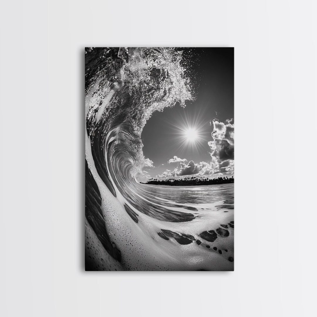 Wave Photography, Surfer Dream, Sea Curl Motion, Framed Canvas Print, Coastal Wall Art, Beach House Decor, Monochrome Ocean Style