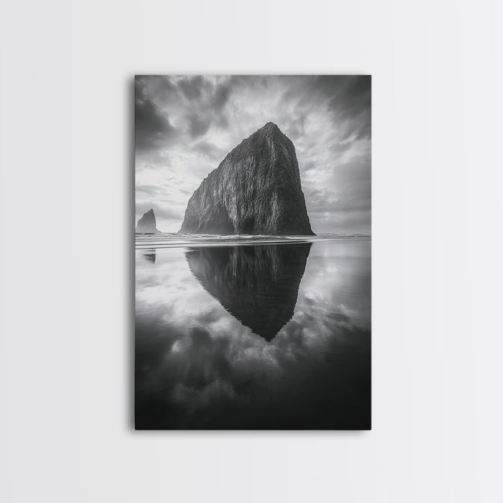 Coastal Rock, Haystack Reflection, Tranquil Beach Scene, Framed Canvas Print, Minimalist Art, Bathroom or Entryway Wall Art