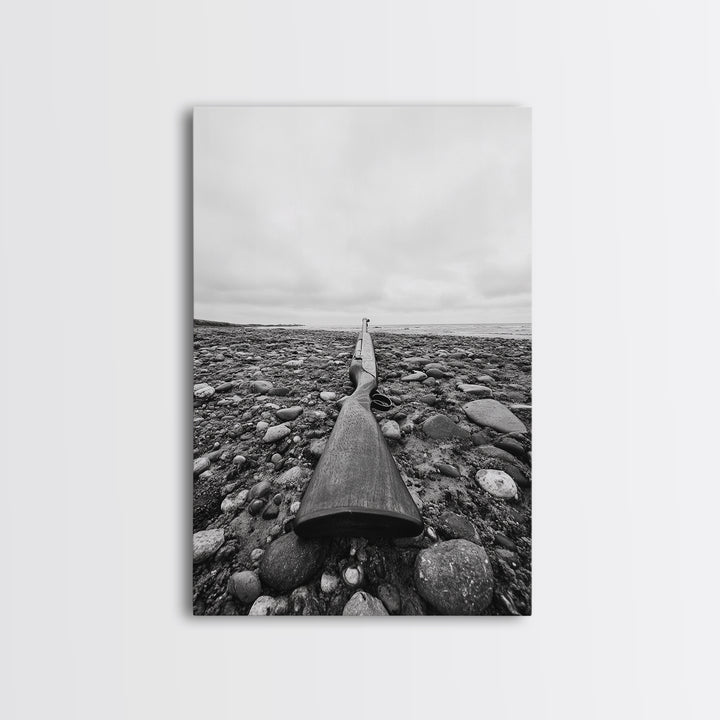 Rifle on Pebbles, Rustic Coastal, Survivalist Aesthetic, Canvas Print, Cabin Wall Art, Masculine Decor, Nature Minimalist Style
