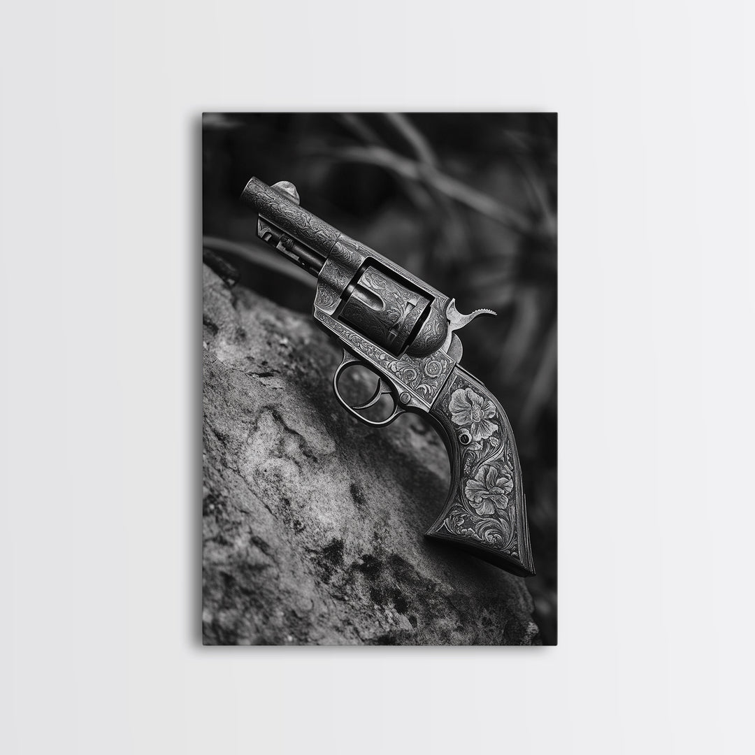 Floral Engraved Revolver, Vintage Western Gun, Cowboy Detail Shot, Canvas Print, Man Cave Art, Rustic Americana Wall Style