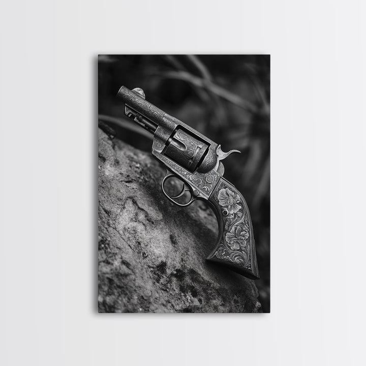 Floral Engraved Revolver, Vintage Western Gun, Cowboy Detail Shot, Canvas Print, Man Cave Art, Rustic Americana Wall Style