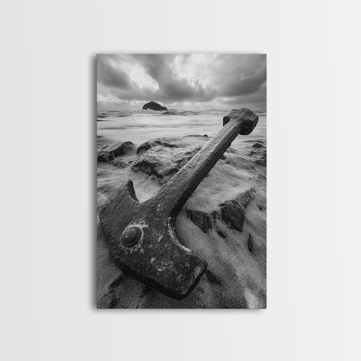 Ocean anchor scene, nautical coastal vibes, shipwreck inspiration, stormy sky, Framed Canvas Print, entryway art, maritime wall decor