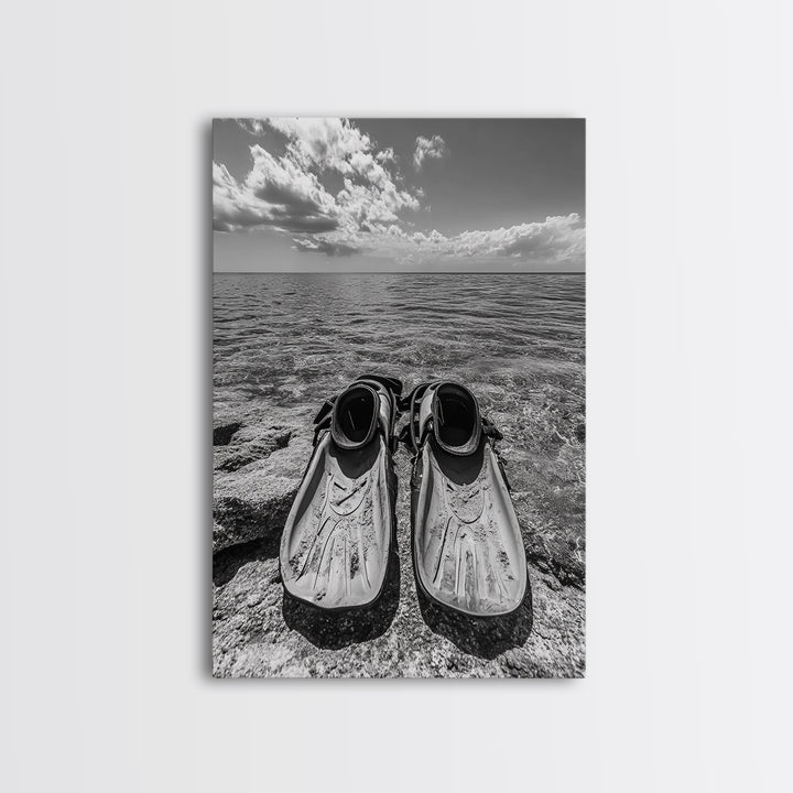 Ocean Fins, Coastal Escape, Underwater Adventure, Canvas Print, Beach Bathroom Wall Art, Nautical Photography, Black and White Decor