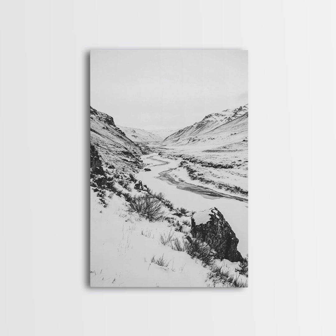 Snowy Canyon, Winter Valley, Frozen Landscape, Framed Canvas Print, Minimalist Wall Art, Neutral Living Room or Office Decor