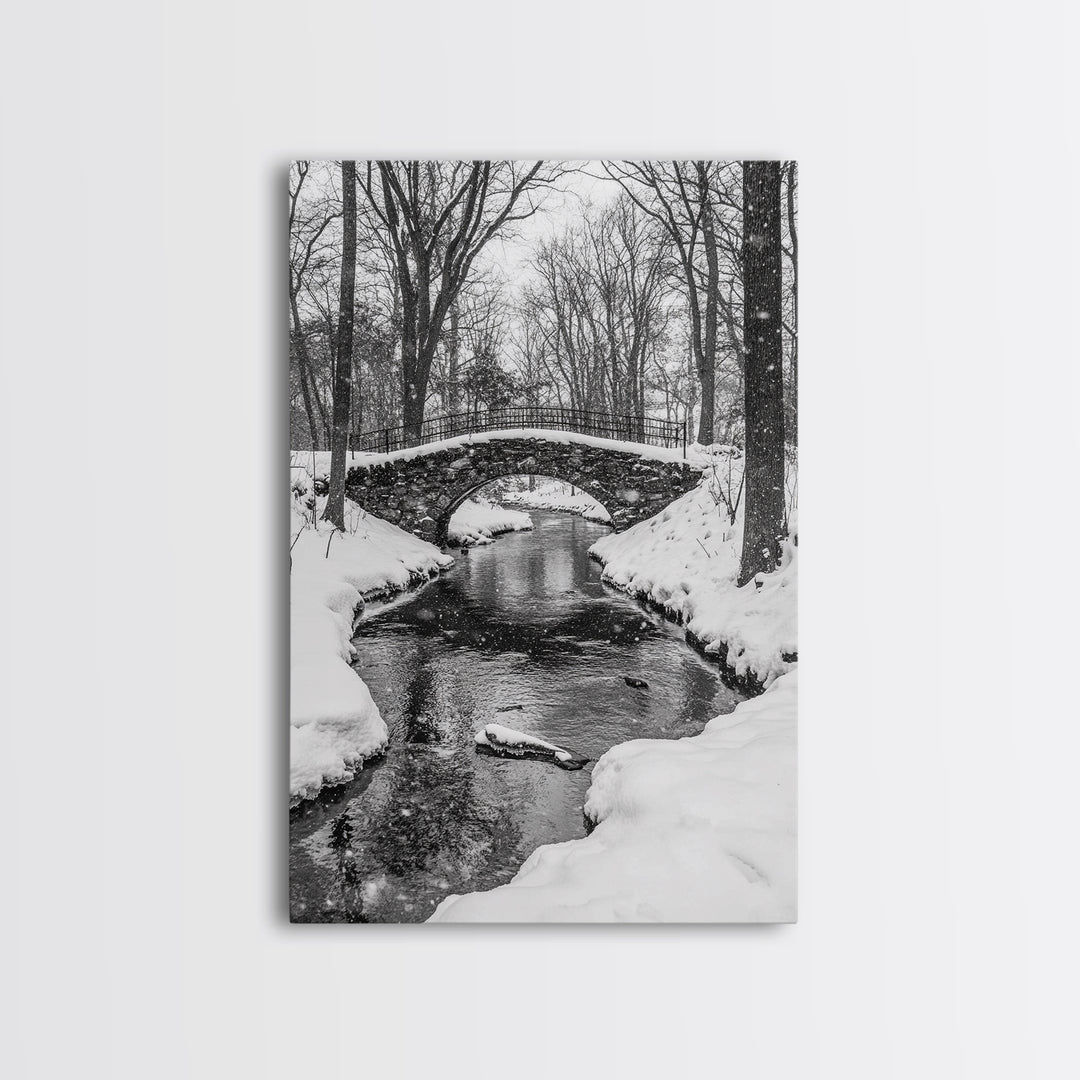 Stone Bridge, Winter Stream, Historic Pathway, Framed Canvas Print, Snowy Landscape Art, Traditional Living Room Wall Decor