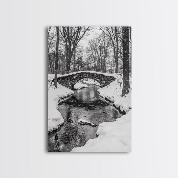 Stone Bridge, Winter Stream, Historic Pathway, Framed Canvas Print, Snowy Landscape Art, Traditional Living Room Wall Decor