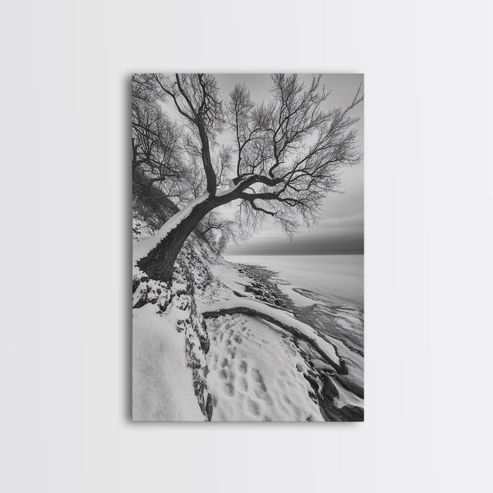 Coastal Snow, Barren Tree, Frozen Shoreline, Canvas Print, Serene Winter Decor, Entryway or Hallway Minimalist Wall Art