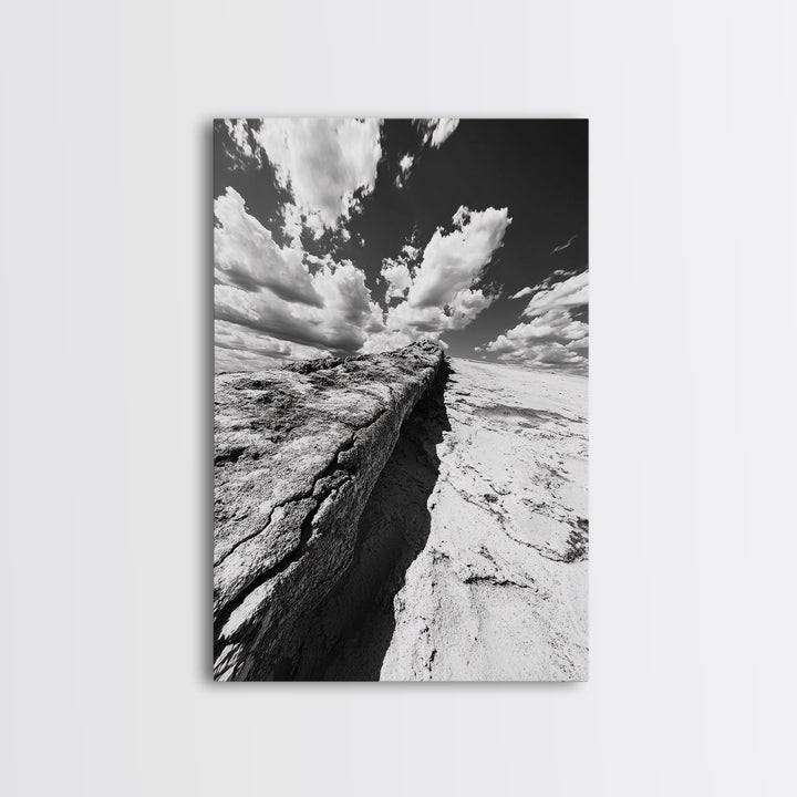 Desert Crack, Dramatic Sky, Harsh Terrain, Framed Canvas Print, Abstract Nature Photography, Rustic Office or Study Wall Art